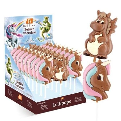 SUCETTE CHOCOLAT LICORNE DRAGON 35g - Présentoir de 24 sucettes