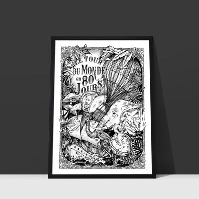 Affiche Jules Verne - Le Tour du Monde en 80 jours Noir et Blanc