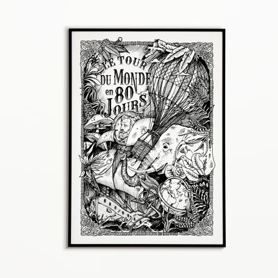 Affiche Jules Verne - Le Tour du Monde en 80 jours Noir et Blanc