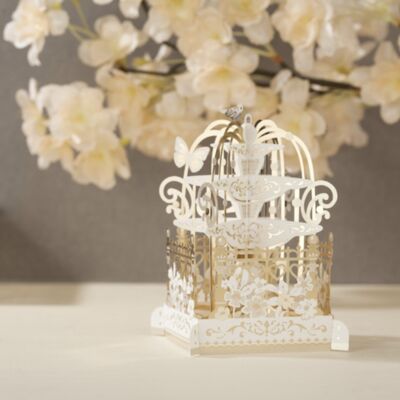 3D Greeting card with birds and gold white cage incl. message panel