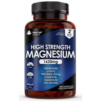 Suppléments de magnésium 1620 mg de citrate -120 gélules végétaliennes de magnésium à haute résistance