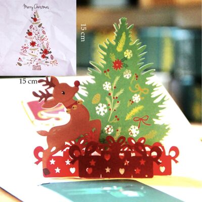 Tarjeta de Navidad 33D con gran árbol de Navidad, trineo, ciervos y regalos, incluye panel de mensajes