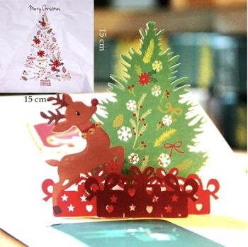 Carte de Noël 33D avec grand arbre de Noël, traîneau, cerf et cadeaux, y compris panneau de message 1