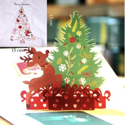 Tarjeta de Navidad 33D con gran árbol de Navidad, trineo, ciervos y regalos, incluye panel de mensajes