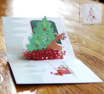 Carte de Noël 33D avec grand arbre de Noël, traîneau, cerf et cadeaux, y compris panneau de message 3