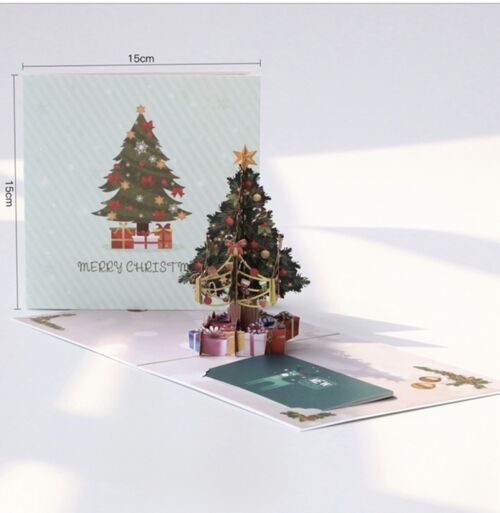 3D Kerstkaart 3D kerstboom met cadeautjes met Berichtpaneel