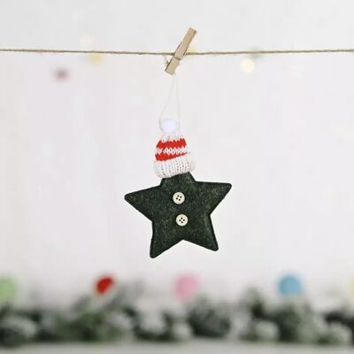 Christmas Fabric Star Decoration with Bobble Hat - Green