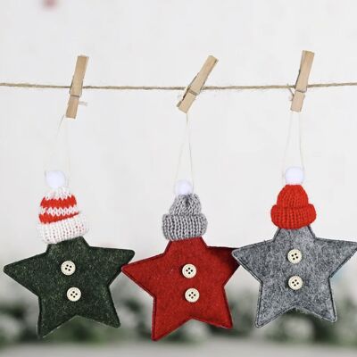 Decorazione a stella in tessuto natalizio con cappello a pon pon - grigio