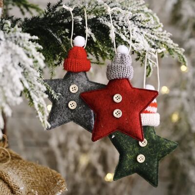Christmas Fabric Star Decoration with Bobble Hat - Red