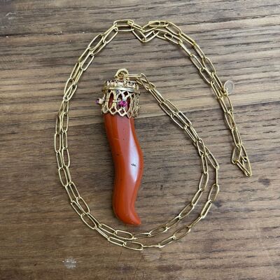 HARD STONE HORNS - RED JASPER with fuchsia rhinestones