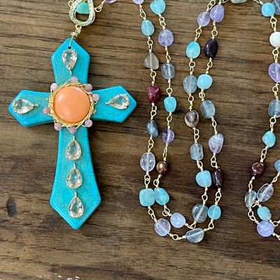 MAXI CROSS TURQUOISE - Turquoise with salmon center and mixed quartz necklace