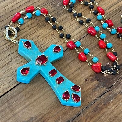 MAXI CROSS TURQUOISE - Turquoise with central in red crystal
