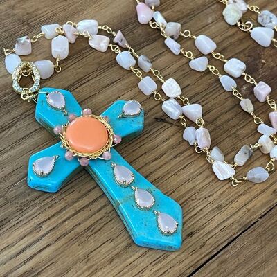 MAXI CROSS TURQUOISE - Turquoise with central salmon and Rhodonite necklace