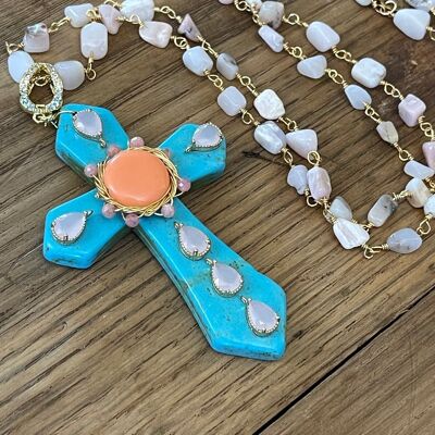 MAXI CROSS TURQUOISE - Turquoise with central salmon and Rhodonite necklace