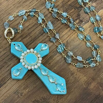 MAXI CROSS TURQUOISE - Turquoise with turquoise center and fluorite necklace