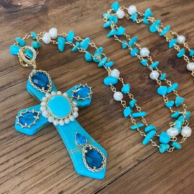 MAXI CROSS TURQUOISE - Turquoise avec centre turquoise et perles