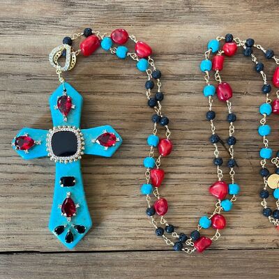 MAXI CROSS TURQUOISE - Turquoise avec centre en onyx noir