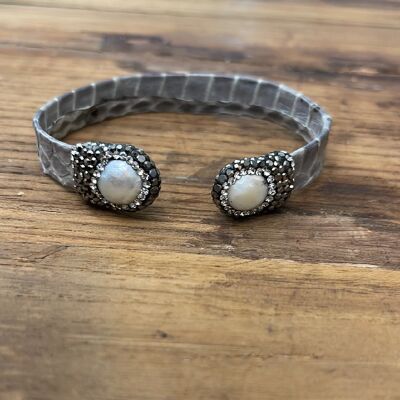 DOUBLE PEARL LEATHER BRACELETS - GRAY