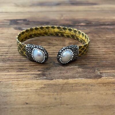 DOUBLE PEARL LEATHER BRACELETS - Yellow