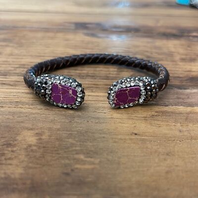 BRACELETS IN DOUBLE PEARL LEATHER - DARK BROWN AND FUCHSIA