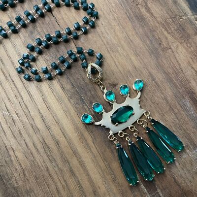 CROWN - GREEN LONG FRINGE necklace in cube crystal