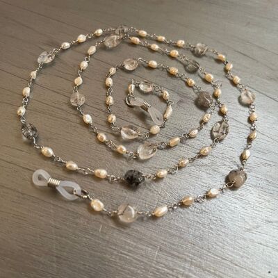 GLASSES CHAIN PEARLS AND RUTILATED QUARTZ