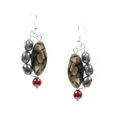 Boucles d'oreilles NONA Gris Charbon/Gris Taupe/Rouge Sombre