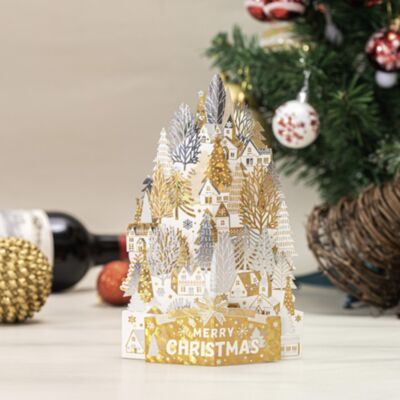 3D Christmas card gold white houses on a snow hill