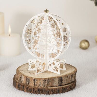 Tarjeta de Navidad 3D con árboles de Navidad blancos y estrellas de Navidad doradas, incluye panel de mensajes