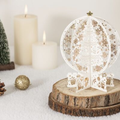 3D-Weihnachtskarte mit weißen Weihnachtsbäumen und goldenen Weihnachtssternen inkl. Nachrichtenfeld