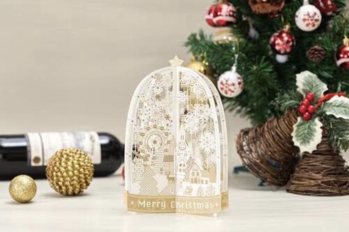 3D kerstkaart Merry Christmas met sneeuwvlokken en gouden kerststerren