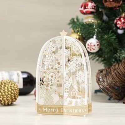 Carte 3D Joyeux Noël avec des flocons de neige et des poinsettias dorés