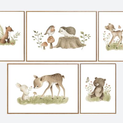 Set poster per bambini 'Animali della foresta' Acquerello 5 pz.
