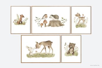 Ensemble d'affiches pour enfants 'Animaux de la forêt' Aquarelle 5 pcs. 1