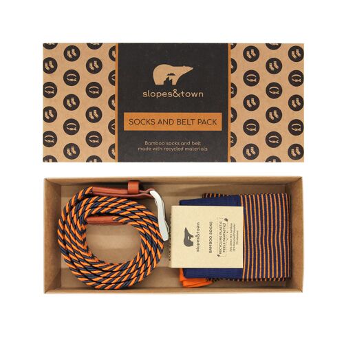 Orange/blue gift box Recycled belt Emlyn and bamboo socks (42-46)