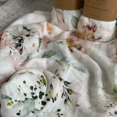 Muslin cloth - PINK FLOWERS - 120 cm x 120 cm