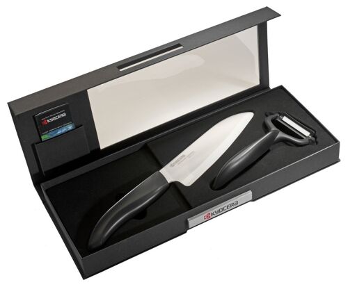 KYOCERA Set regalo coltello ceramica Santoku 140 + pelaortaggi orizzontale - Nero