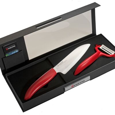 KYOCERA Santoku set de regalo cuchillo cerámico 140 + pelador horizontal - Rojo