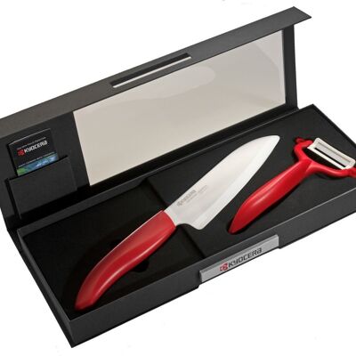 KYOCERA Santoku Keramikmesser Geschenkset 140 + horizontales Schälen - Rot