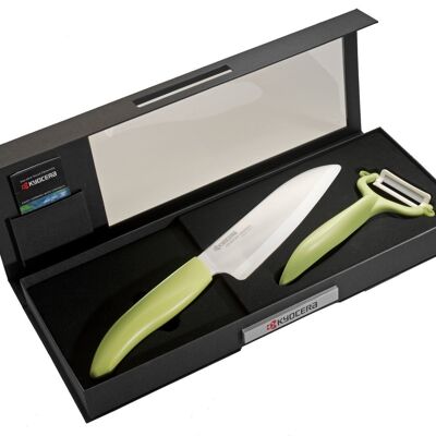 KYOCERA Set regalo coltello ceramica Santoku 140 + pelaortaggi orizzontale - Verde