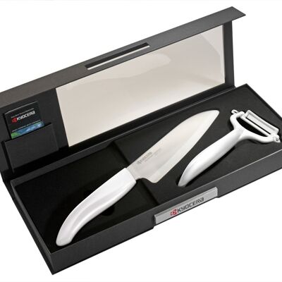 KYOCERA Set regalo coltello ceramica Santoku 140 + pelaortaggi orizzontale - Bianco