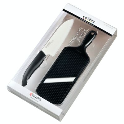 Set blister cuchillo cerámico KYOCERA Santoku 140 + cortadora regulable