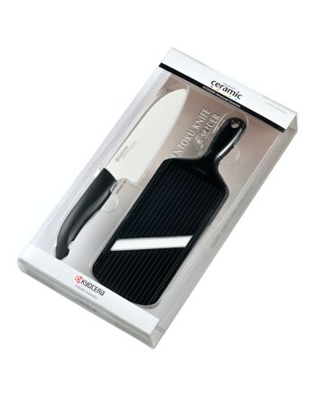 Coffret blister couteau céramique KYOCERA Santoku 140 + trancheuse réglable 1