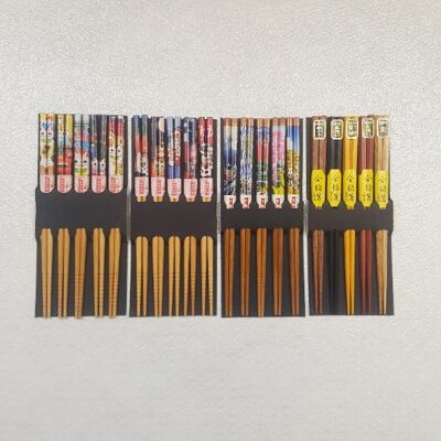 Sets of 5 pairs of reusable bamboo chopsticks Japanese patterns printed with Manekineko