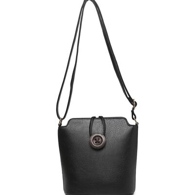 Ladys Cross Body Bag with Wood Button Well-organized Shoulder handbag Long Strap -z-1971M black
