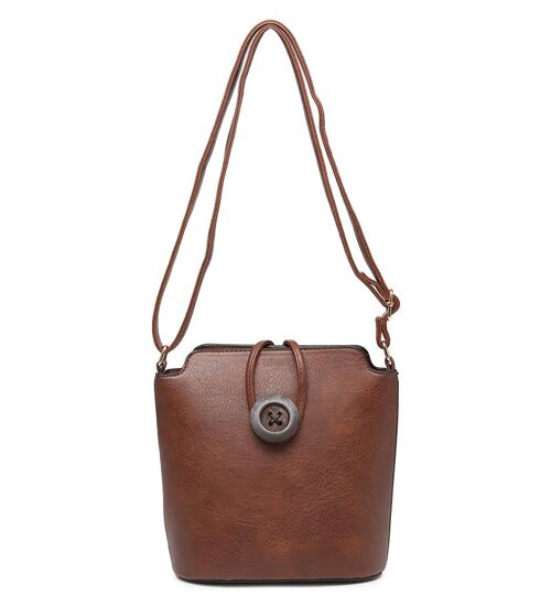 Ladys Cross Body Bag with Wood Button Well-organized Shoulder handbag Long Strap -z-1971M brown