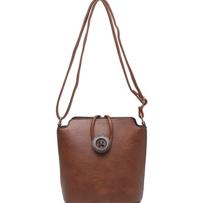 Ladys Cross Body Bag with Wood Button Well-organized Shoulder handbag Long Strap -z-1971M brown