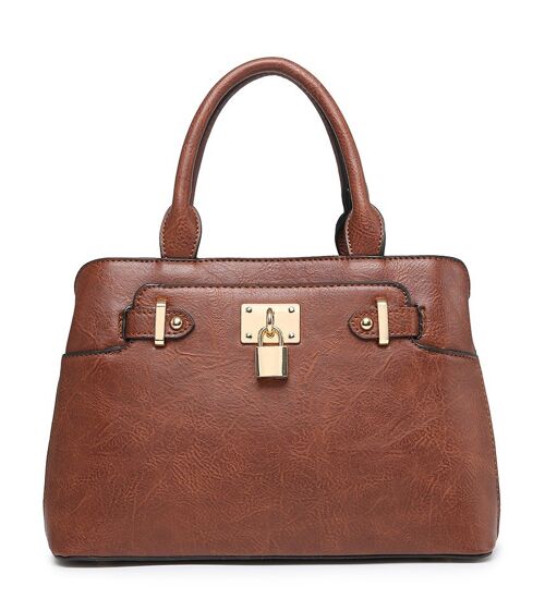 Ladies  Tote Bag Stylish Padlock  Shoulder Bag  High Quality PU Leather Handbag  with Adjustable Shoulder Strap - A36840 brown