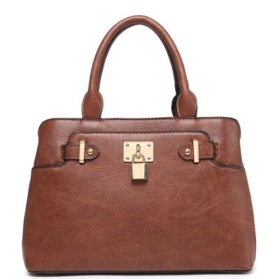 Ladies  Tote Bag Stylish Padlock  Shoulder Bag  High Quality PU Leather Handbag  with Adjustable Shoulder Strap - A36840 brown