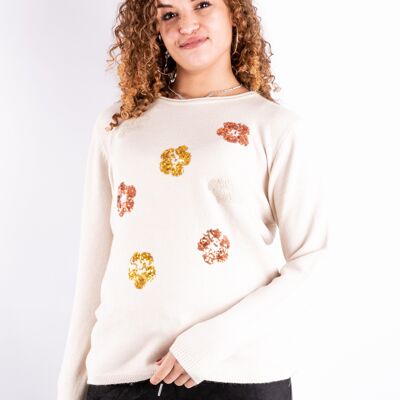 Beigefarbener Pullover mit Blumenmuster aus Pailletten